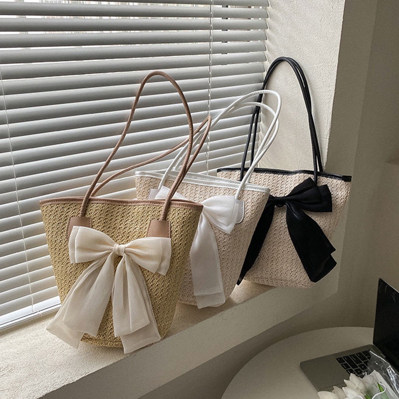 Túi cói đeo vai YADOU đính nơ thời trang xinh xắn cho nữ