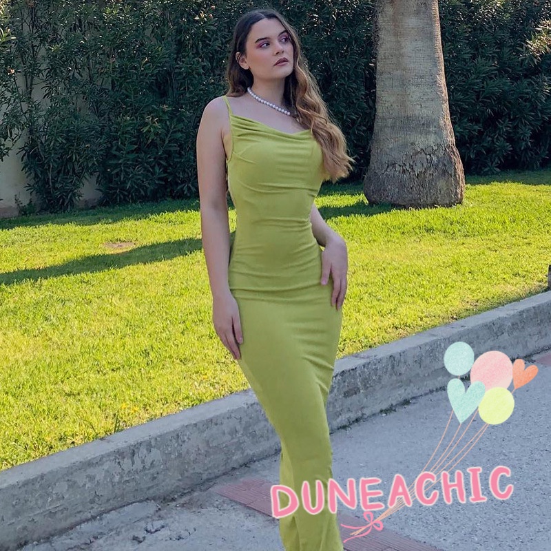 DUNEA Đầm hai dây màu trơn thiết kế hở lưng quyến rũ dành cho nữ