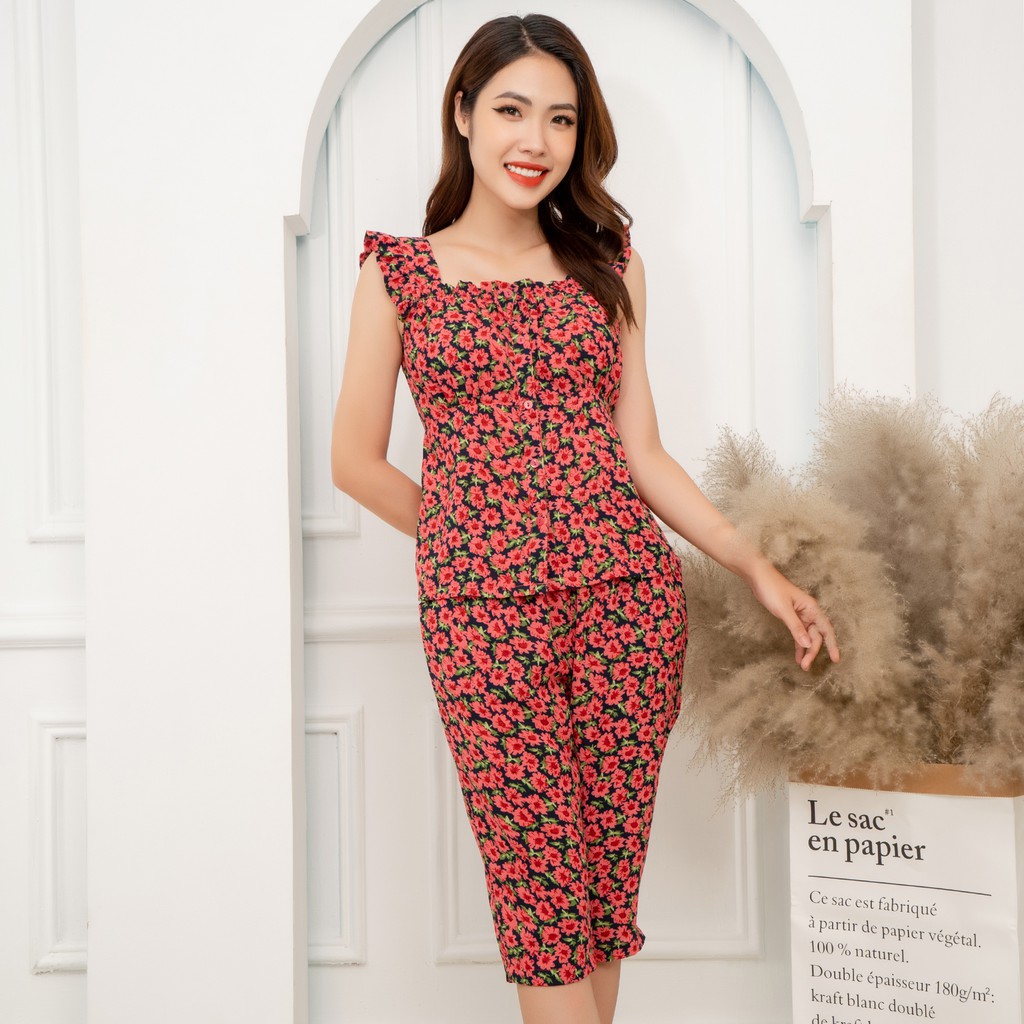 Bộ mặc nhà hoa đỏ Hoa Việt