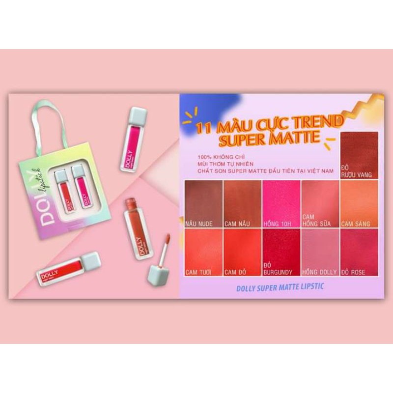 Son hữu cơ không chì Màu son hót Trend nhất hiện nay dolly Super Matte mua 1 được 2