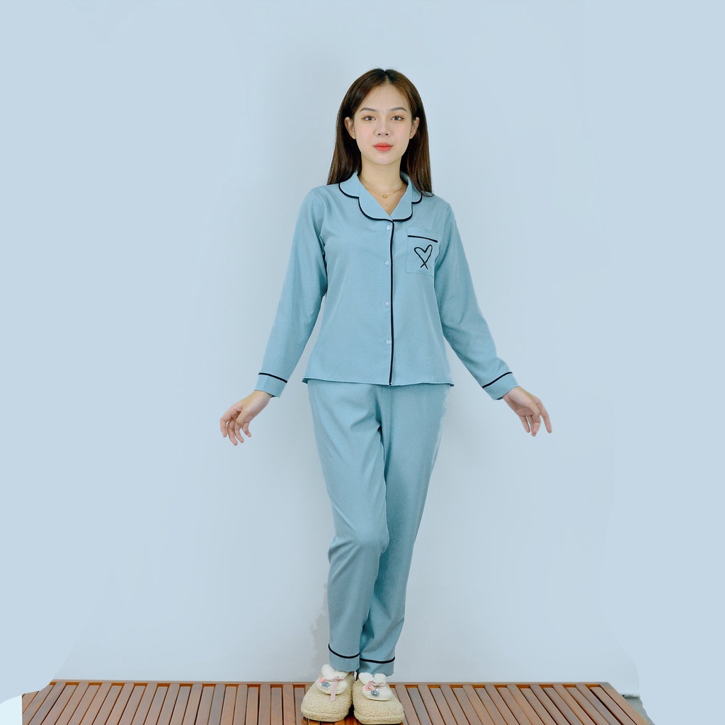 Bộ PIJIMA Nữ màu XANH XÁM Chất Lụa Cao Cấp - Quần dài tay dài điểm nhấn in trái tim túi  - Nhẹ nhàng - Sang trọng