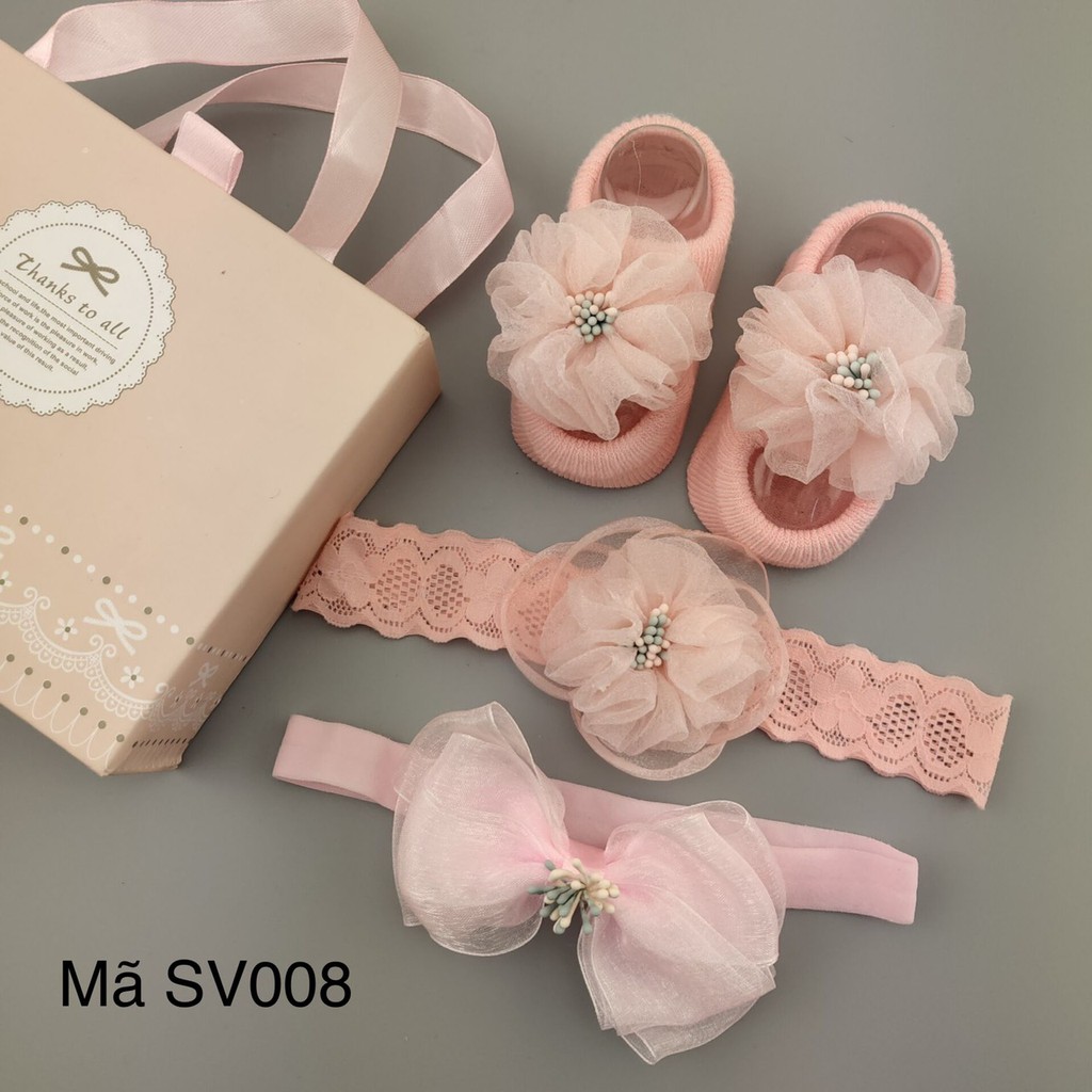 Sét Phụ Kiện Vớ Kèm Băng Đô và Hộp Quà Xinh Cho Bé