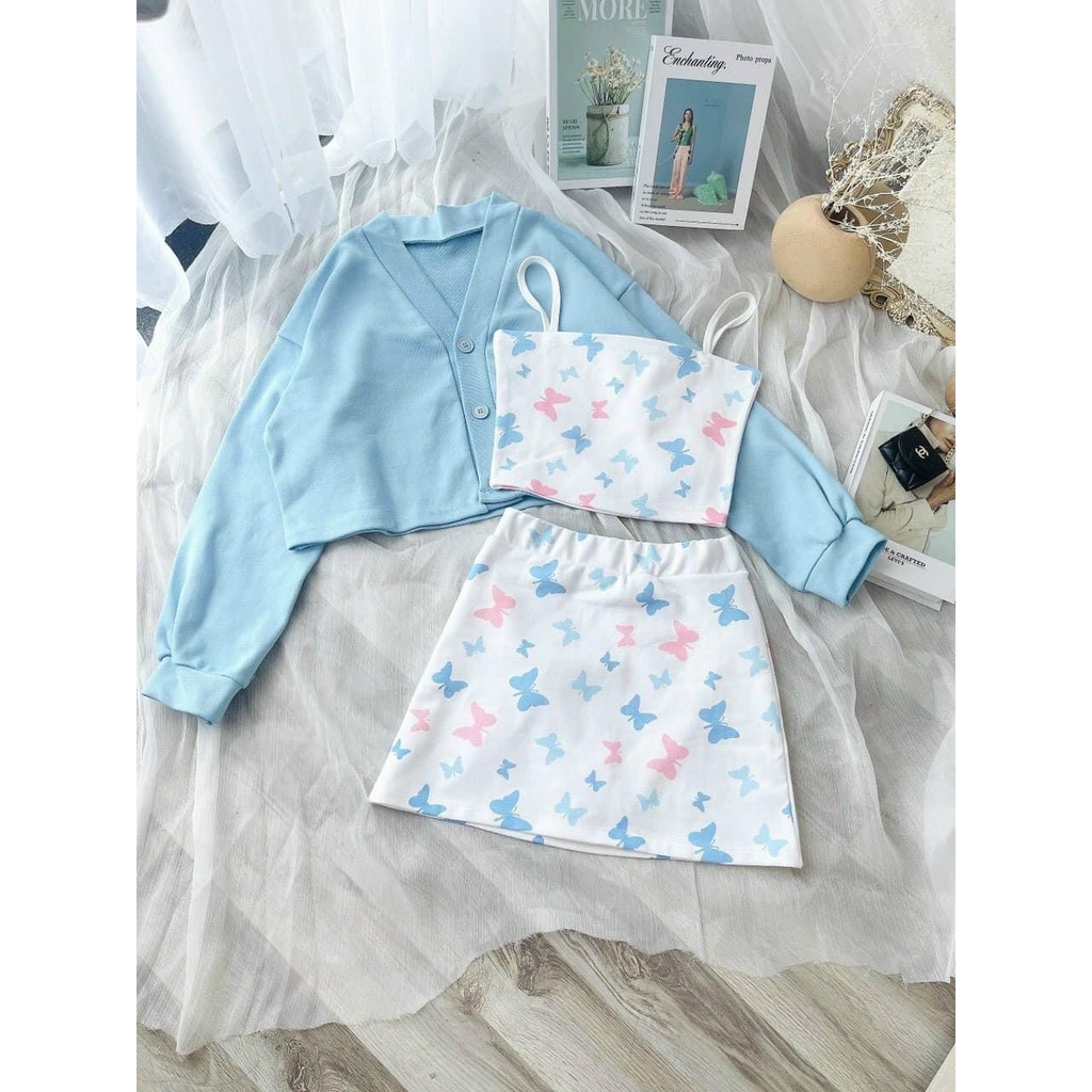 Set 3 món croptop kèm áo khoác, set áo 2 dây mix chân váy ngắn kèm áo cardigan AD56 | BigBuy360 - bigbuy360.vn