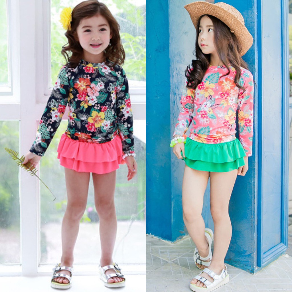 Bộ đồ bơi in hoa dài tay + váy ngắn cho bé gái