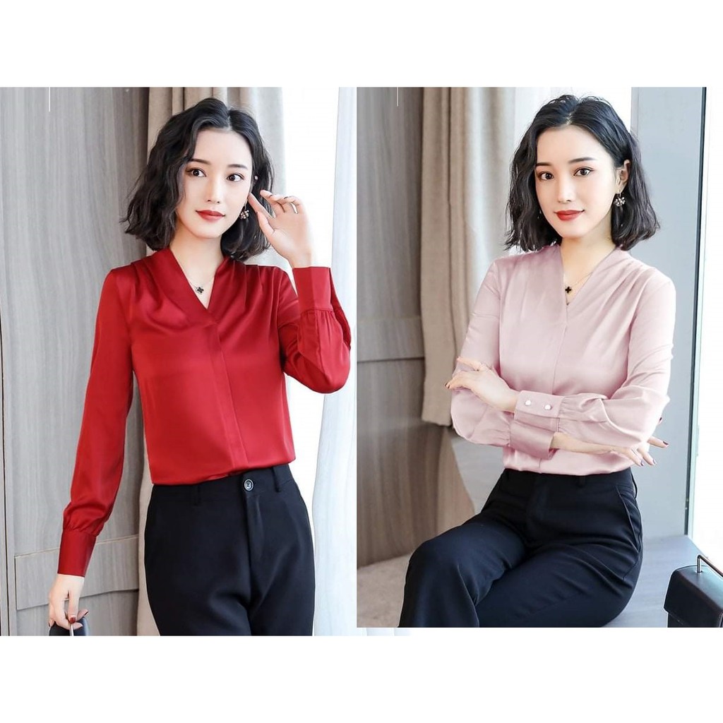 Áo Sơ Mi Nữ Kiểu Công Sở Cổ V Tay Dài - Vải Satin mềm mại lán mịn êm mát