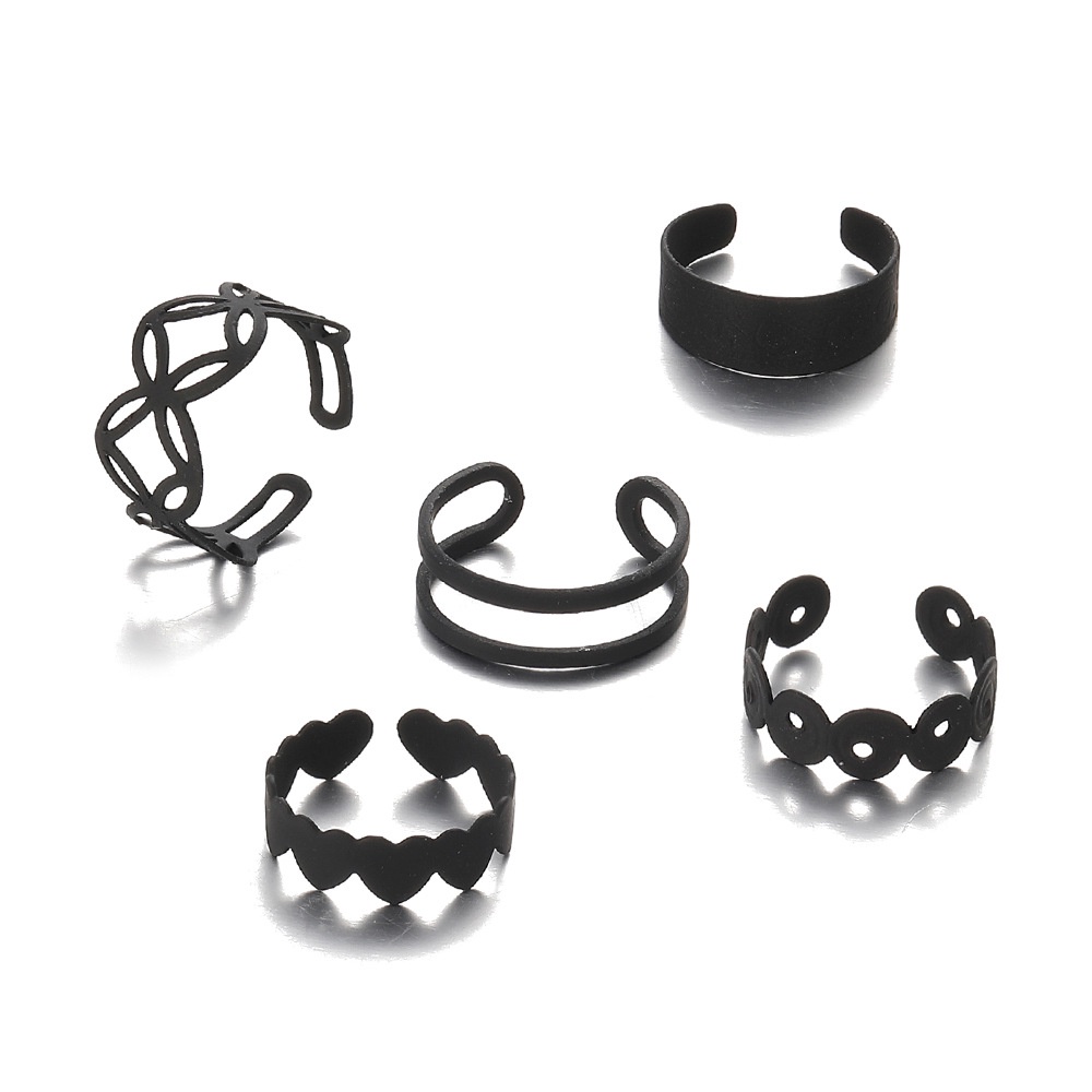 Set 5 Nhẫn Hợp Kim Màu Đen Thiết Kế Dạng Mắc Xích Hình Trái Tim