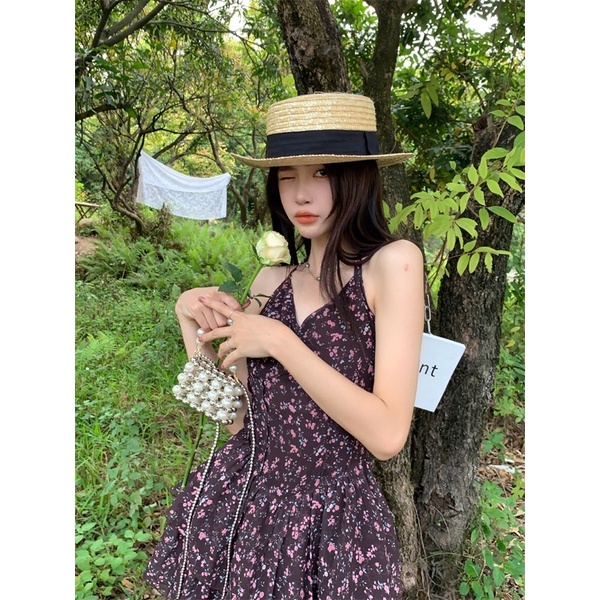 Đầm hoa nhí 2 dây cổ yếm, váy hoa nhí 2 dây