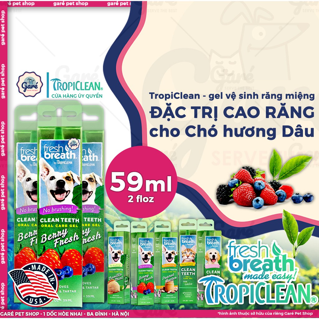 Gel vệ sinh răng miệng đánh bay mảng BÁM CAO RĂNG MÙI HÔI MIỆNG CHO CHÓ, MÈO - TropiClean Fresh Breath WIP