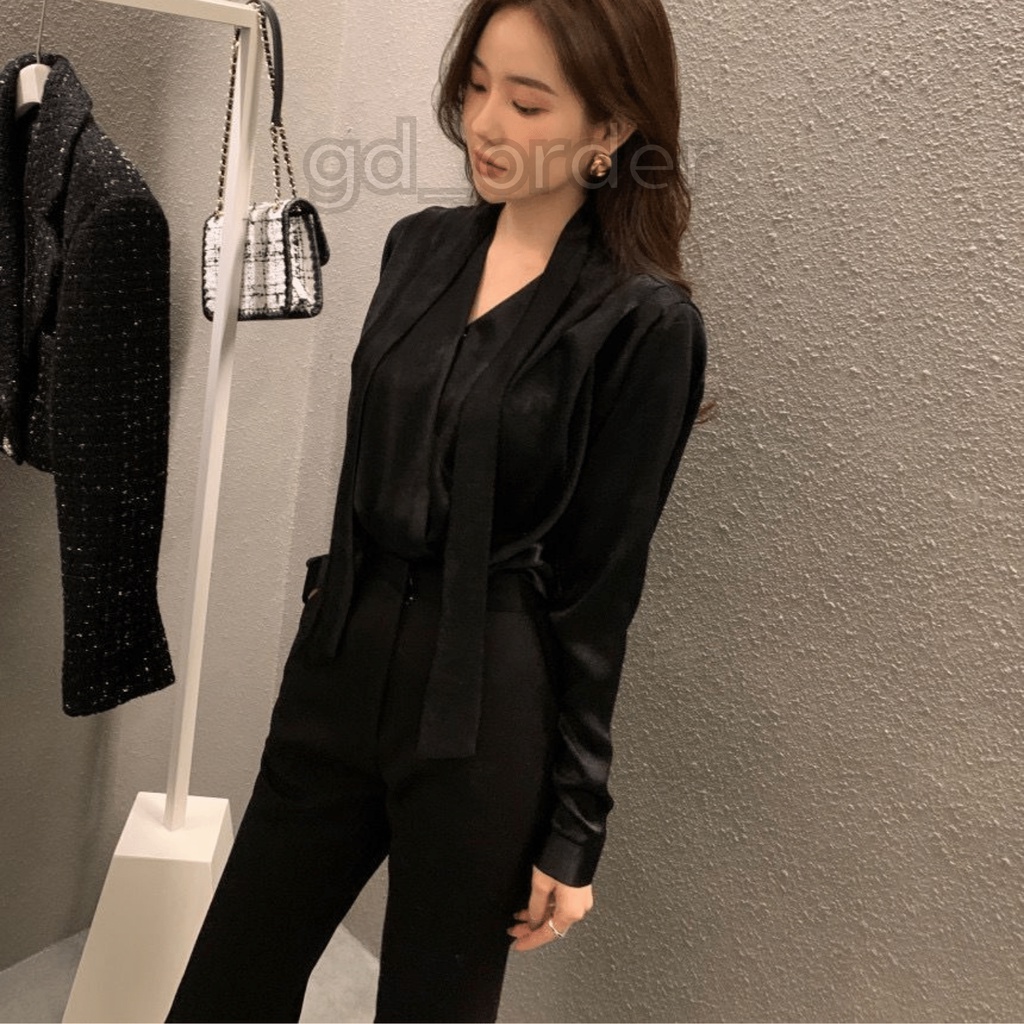 A5|Áo sơ mi nữ kiểu hàn quốc cao cấp cách điệu đẹp cổ tròn kèm dây đai cổ gd_order
