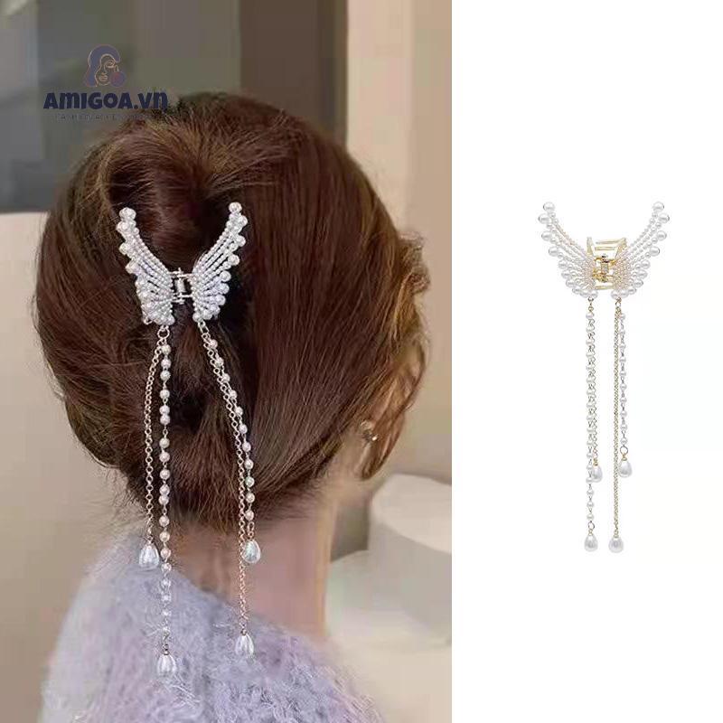 ✨✨Kẹp Tóc Hình Bướm Đính Ngọc Trai Phối Tua Rua Thời Trang Hàn Quốc Ngọt Ngào Cho Nữ
