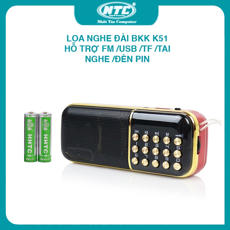 Loa nghe đài BKK K51 hỗ trợ FM/USB/TF/Tai nghe/Đèn pin - dung lượng pin 18650 lên đến 4400mah (Đen đỏ)