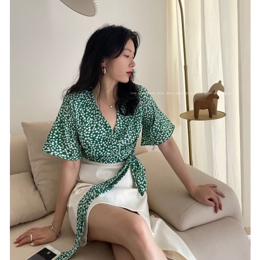 QADCOL Áo Sơ Mi Cổ Chữ V In Hoa Phong Cách Hàn Quốc Thanh Lịch