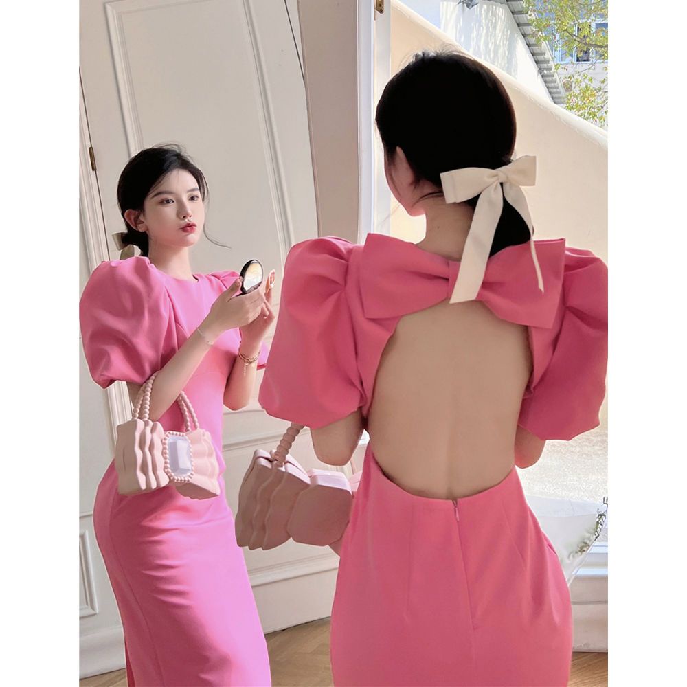 Đầm Ngắn Tay Phồng Hở Lưng Đính Nơ Thời Trang Mùa Hè Quyến Rũ