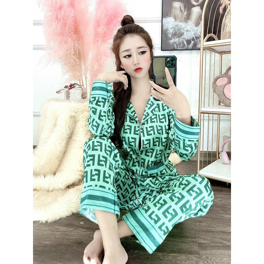 Bộ đồ ngủ mặc nhà LyLy dài tay lụa satin kiểu pijama hoạt tiết sang trọng L218 | BigBuy360 - bigbuy360.vn