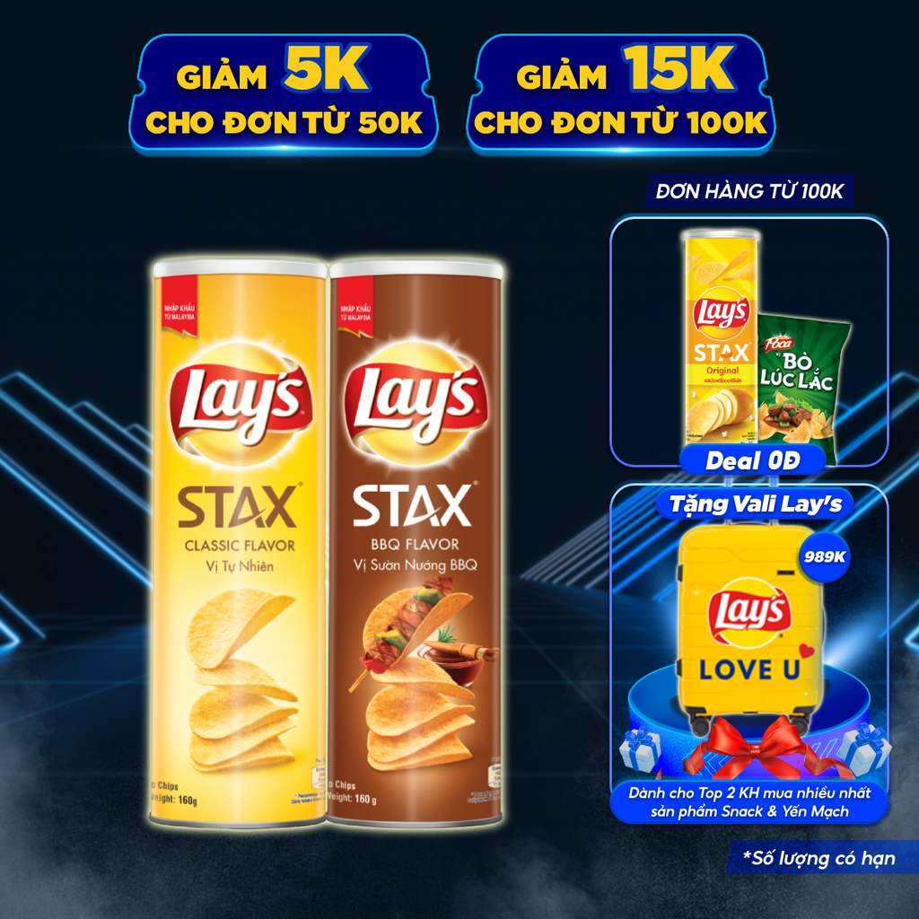 [Mã GRO1APR giảm 20K đơn 150K] Combo 2 Bánh snack khoai tây miếng Lay's Stax hộp 160g Mix vị: Tự nhiên và Sườn nướng BBQ