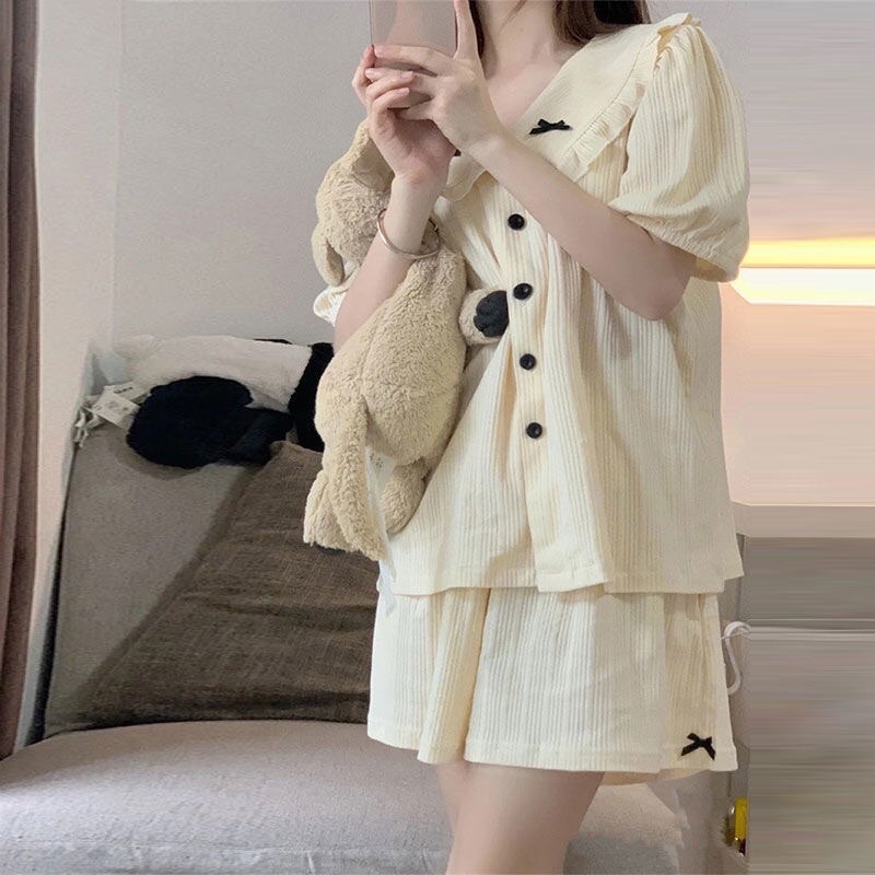 Đồ ngủ thun gân form rộng cộc tay dễ thương ( CÓ SẴN )