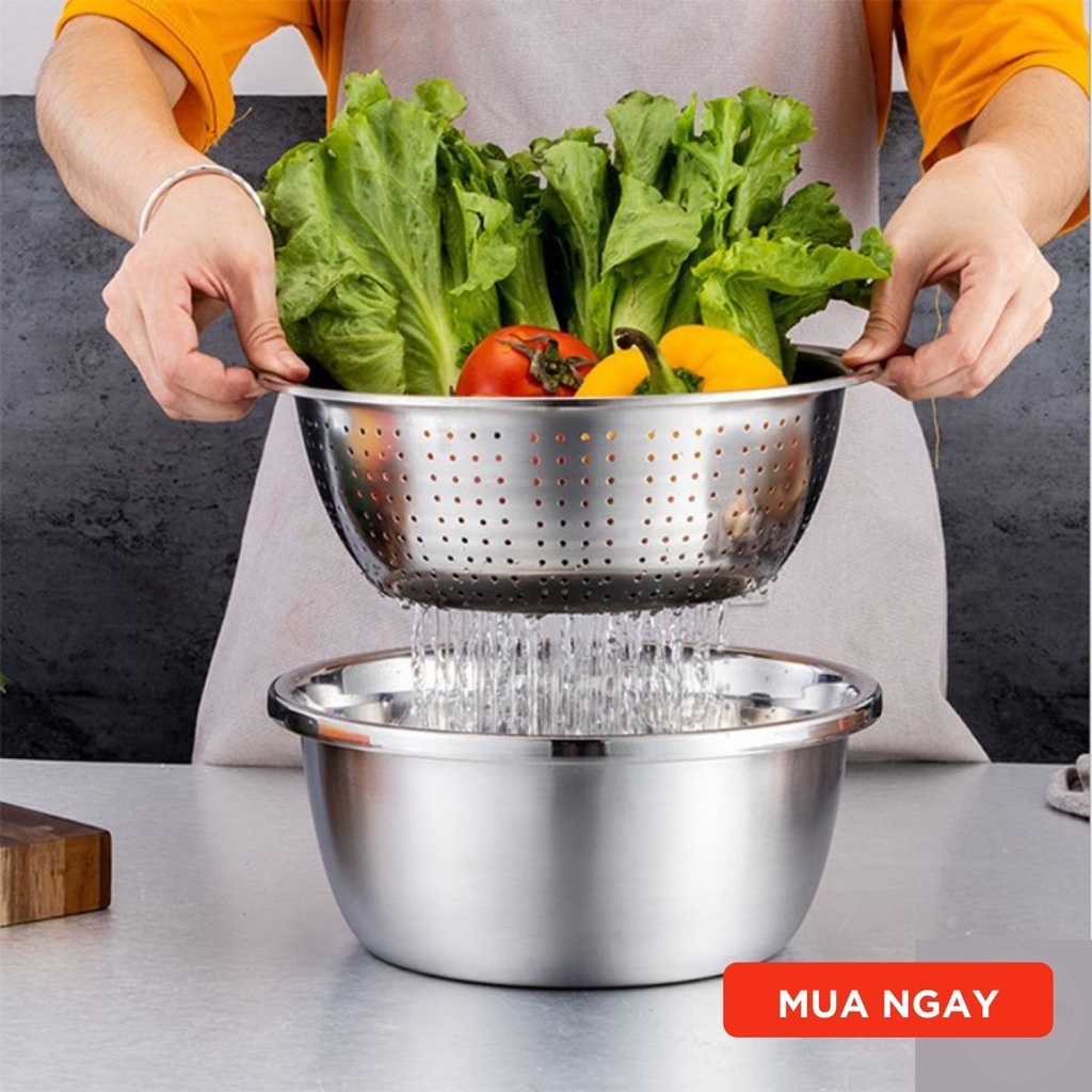 Bộ bào rau củ đa năng 3 món Inox 304 bên đẹp không rỉ - Bộ thau rổ  bào rau củ chất liệu cao cấp nhiều chức năng