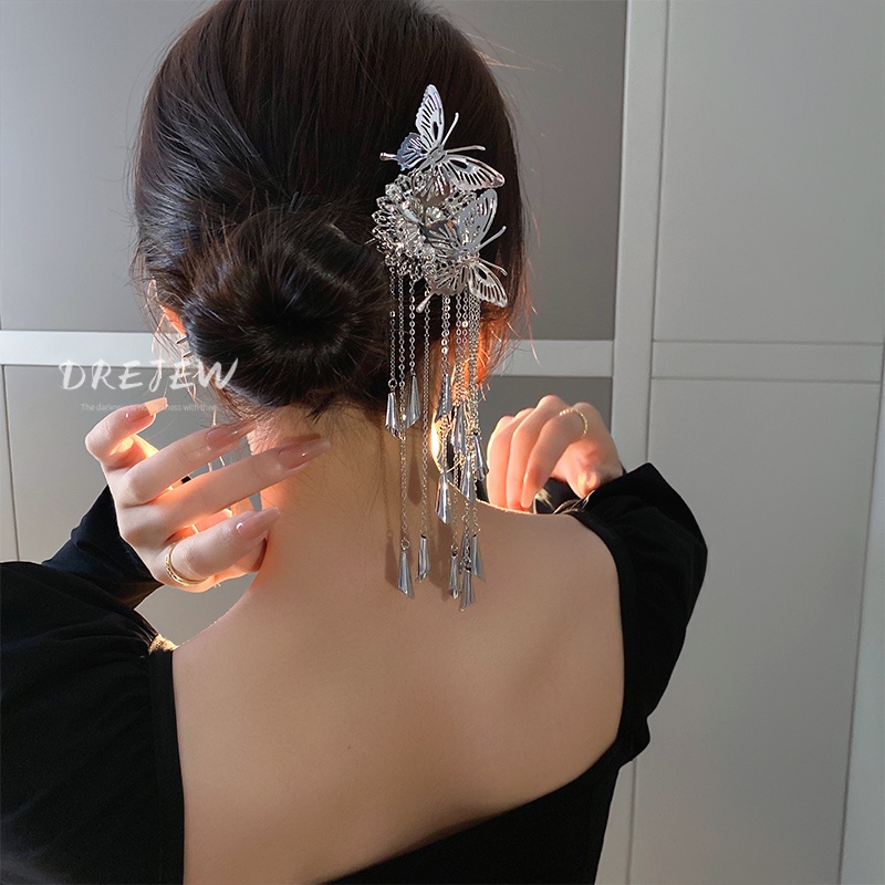 DREJEW Trâm cài tóc bằng kim loại kiểu hoa bướm phối tua rua phong cách Hán phục thời trang