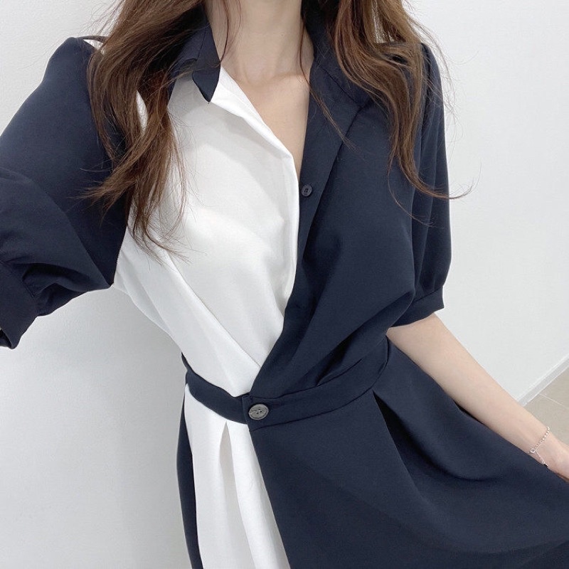 Váy sơ mi phối màu cúc cài chun sau nhấn eo tay lỡ