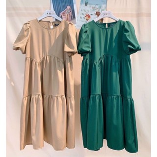 Váy đầm bầu babydoll tay bồng xanh be cát hàn 45-70kg