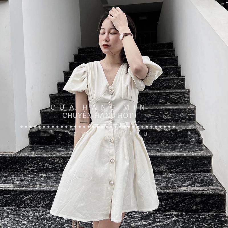 Váy thô cổ V tay bồng