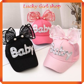 Mũ Nón lưỡi trai gắn nơ đính kim sa lấp lánh cho bé gái, chu vi 49-54cm - Lucky Girl shop NHA TRANG