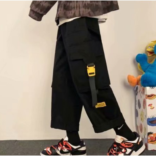 【S-5XL】Men Casual Cargo Pants Solid Pockets Ankle-length Elastic Waist Fashion Streetwear All-match Korean Style Simple Chic Ins Loose Harajuku Hong Kong Style Men Clothes Hipster High Waist Trousers Big Pocket Straight Wide Leg Capris