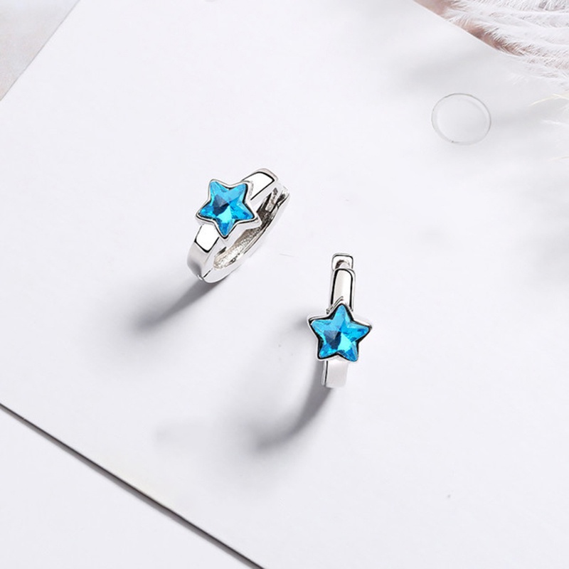 Khuyên tai tròn đính đá zircon hình ngôi sao nhỏ màu xanh dương bằng bạc sterling cho bé gái trẻ em gái