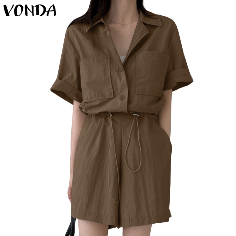 Jumpsuit Vonda tay ngắn có nút phong cách hàn quốc thời trang mùa hè cho nữ