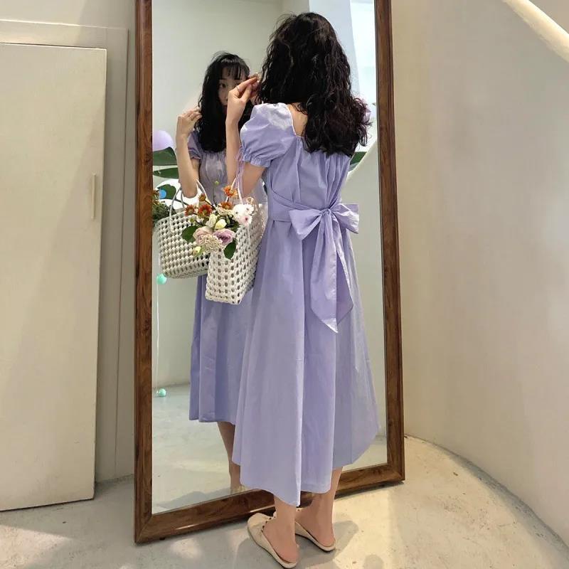 Đầm Dài Trung Bình Cổ Vuông Tay Ngắn Màu Tím Phong Cách Pháp Cổ Điển Thời Trang Mùa Hè Dành Cho Nữ 2022