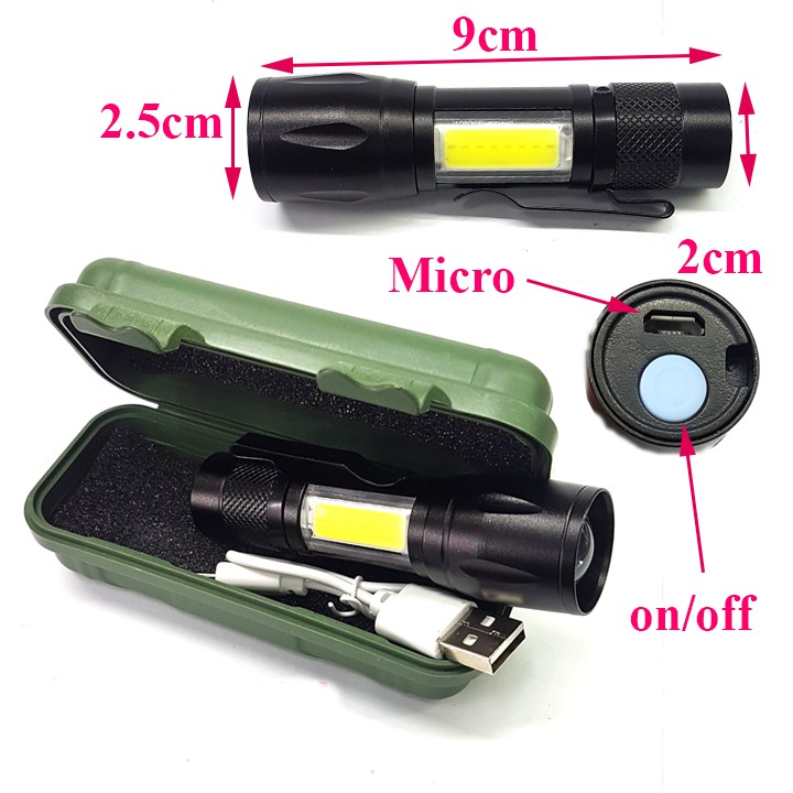 Đèn Pin Mini Siêu Sáng Cao Cấp T1 Full Box, Đèn pin quân đội mỹ có zoom