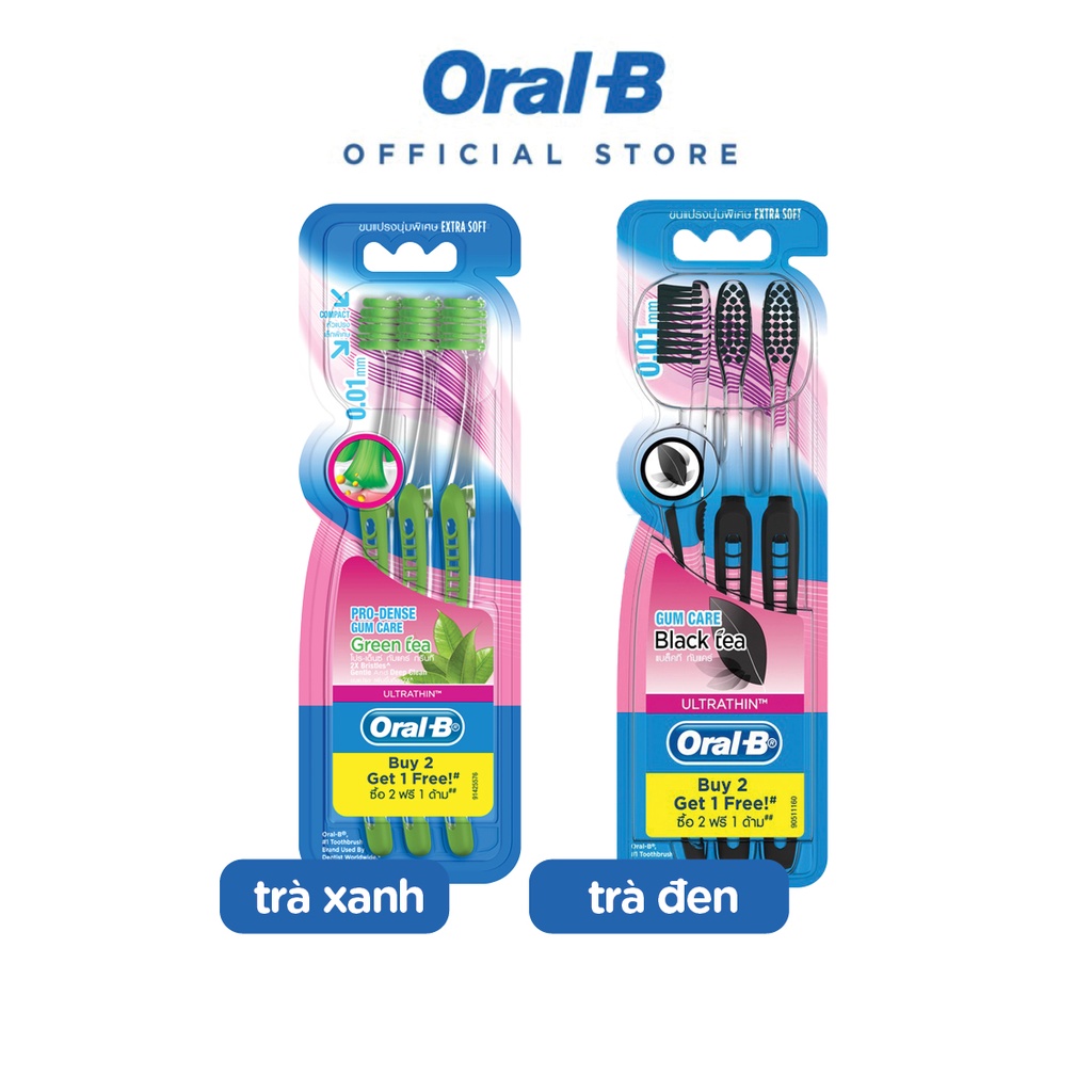 Bàn chải OralB tinh chất Trà Xanh/ Trà Đen vỉ 3 cây (Mua 2 tặng 1)