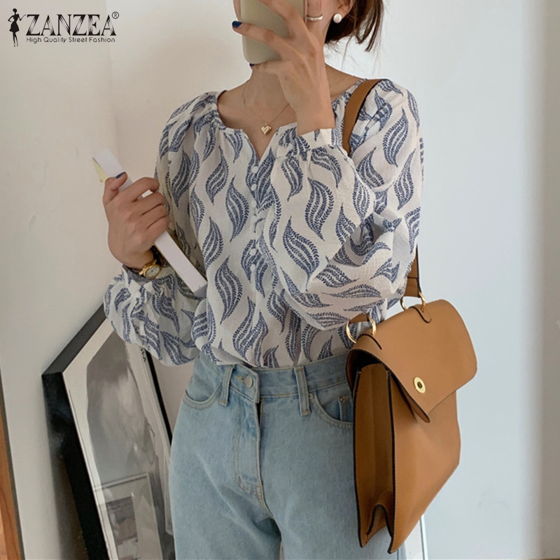 Áo ZANZEA tay dài cổ chữ O họa tiết hình học trang trí xếp ly trẻ trung cho nữ