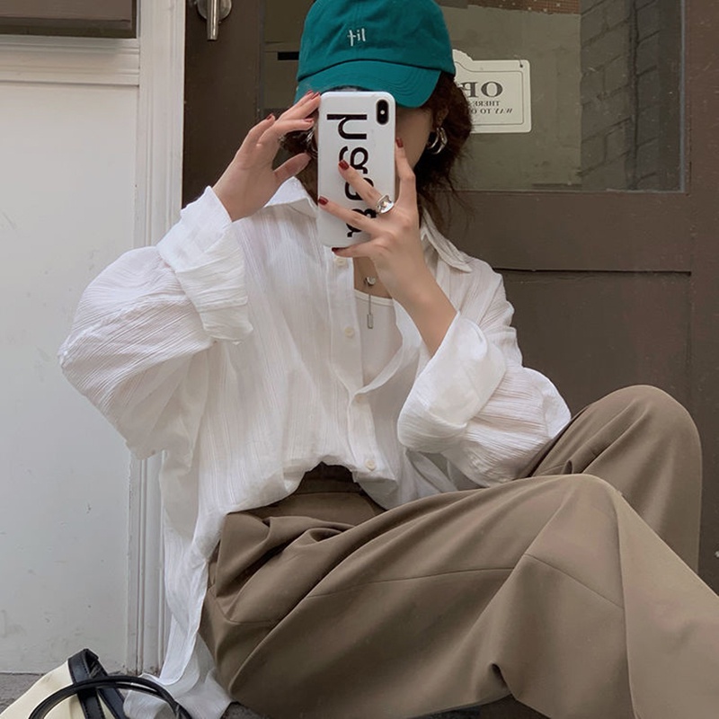 IELGY Áo sơ mi trắng tay dài dáng rộng phong cách Hàn Quốc cổ điển thời trang cho nữ