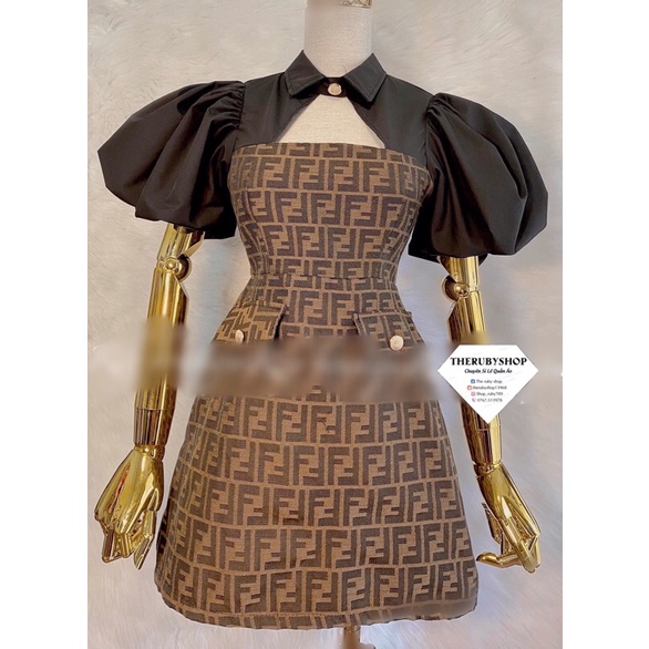 Đầm tay phồng hoạ tiết gu chì và fenđì