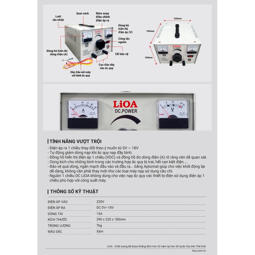 [CHÍNH HÃNG] Máy nạp ắc quy LiOA BC1815 sạc bình 12V dòng 15A cho oto, xe máy, máy xúc, máy cẩu