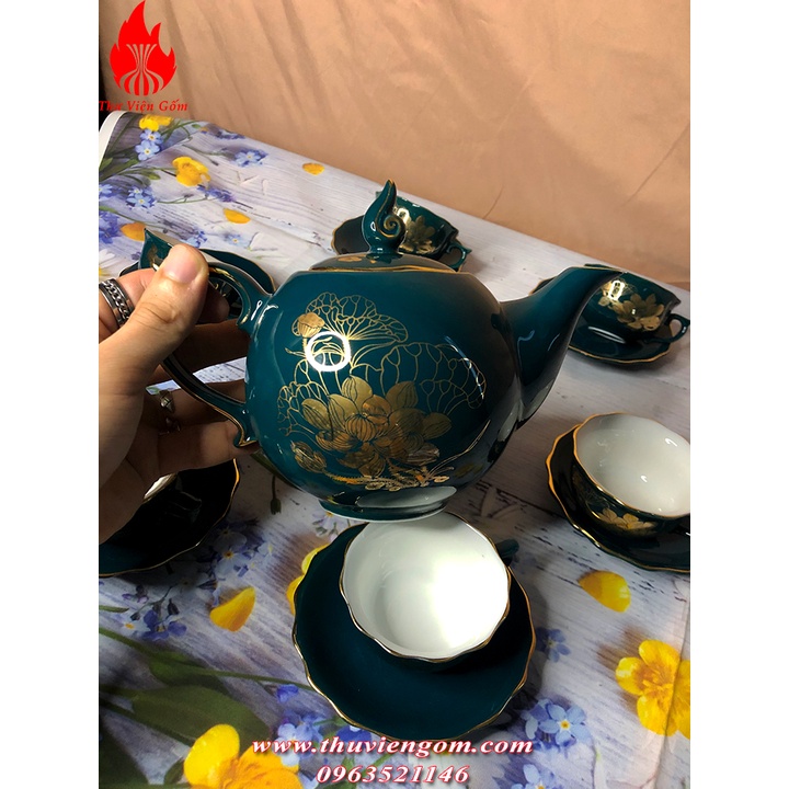 Bộ Ấm Chén Uống Trà Bộ Ấm Chén Bát Tràng Cao Cấp Sen Xanh Mallard