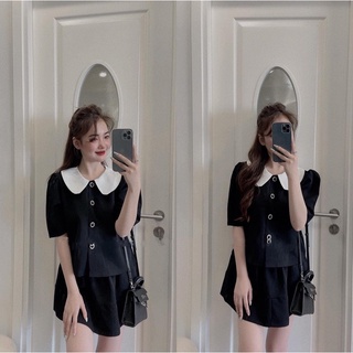 Set bộ áo đen cổ sen trắng tiểu thư