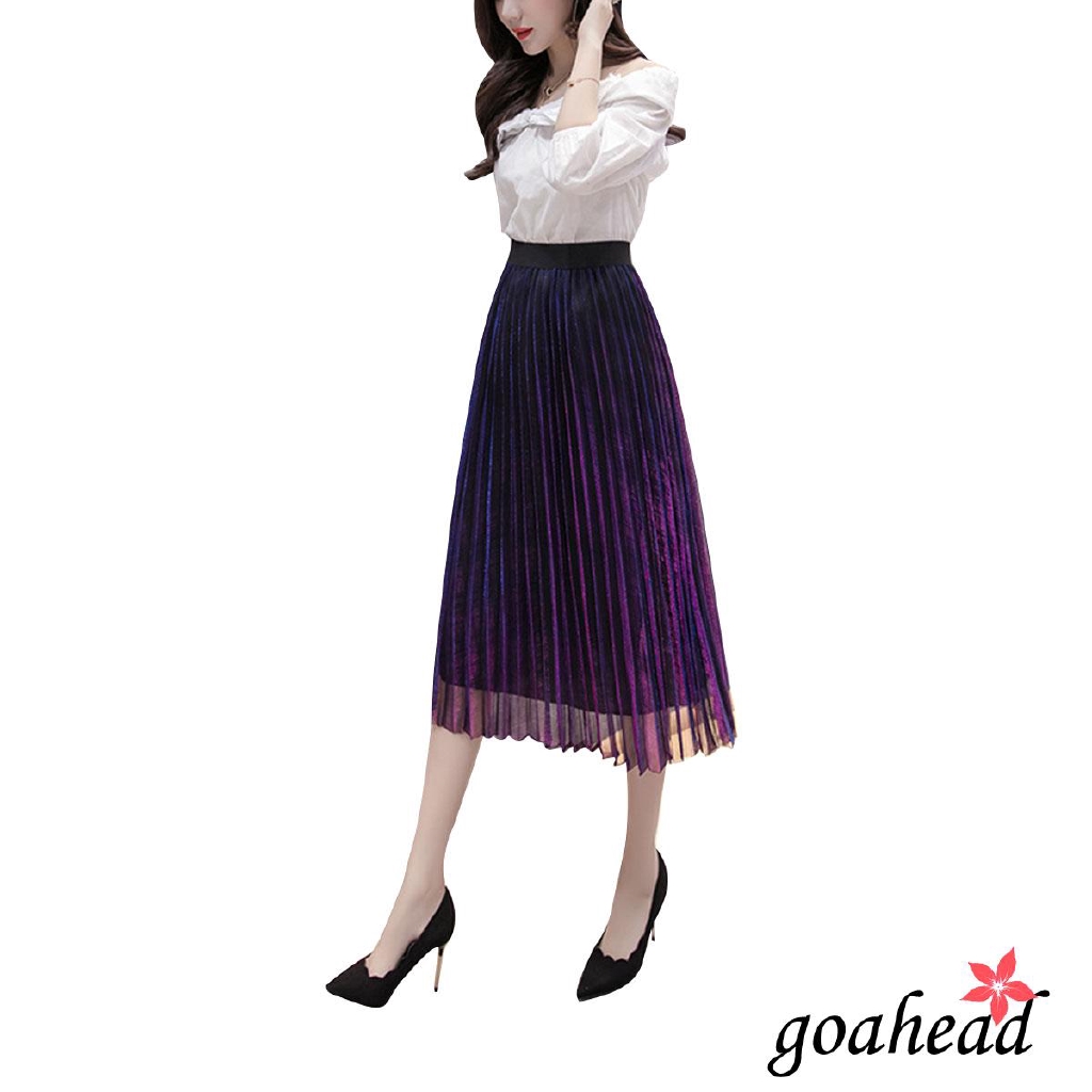 Chân váy tulle dài lưng cao xếp ly phối màu gradient thanh lịch cho nữ