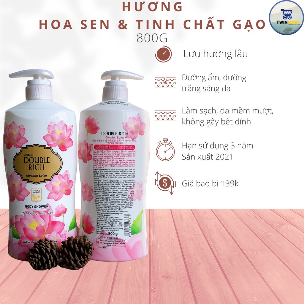 [2 chai] Sữa Tắm Hương Hoa Double Rich 800g Body Shower - Hàn Quốc - Hoa Sen và tinh chất Gạo