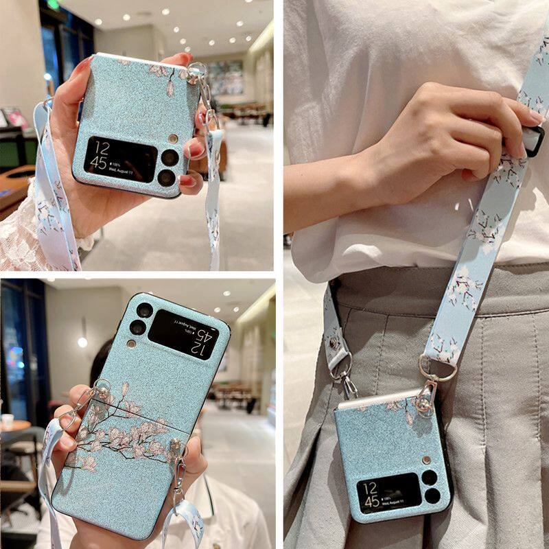 Ốp Điện Thoại PC Cứng Trang Trí Hoa Kim Tuyến Kèm Dây Đeo Cho Samsung Galaxy Z Flip 3 5G Z Flip 4 5G Zflip3 Zflip4