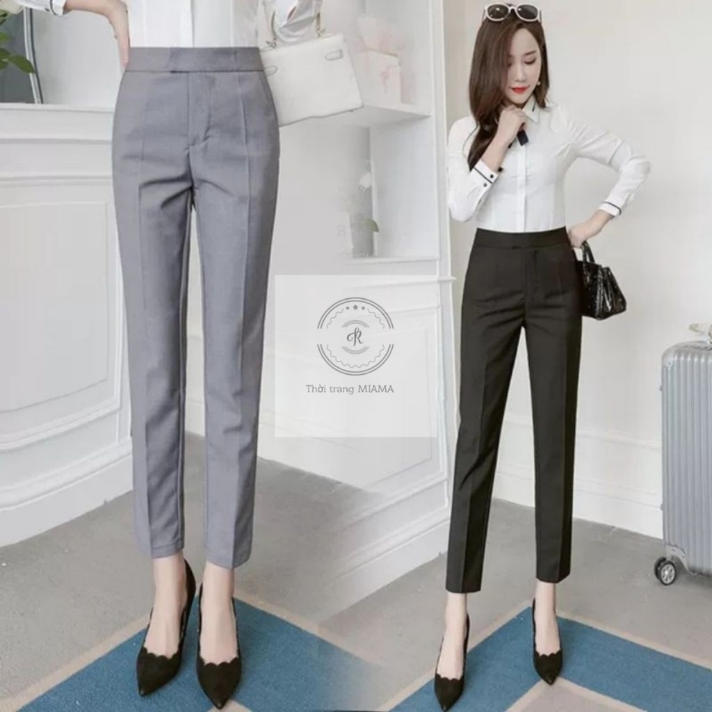 Quần tây nữ công sở cao cấp ống dài thiết kế chất vải 2 biên kiểu dáng Quần baggy đi học xanh đen cúc lệnh ảnh thật sau