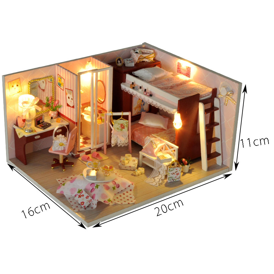 Nhà búp bê DIY Dollhouse lắp ghép bằng gỗ Mẫu Căn nhà màu hồng tặng kèm dụng cụ lắp ghép, keo silicon, Mica