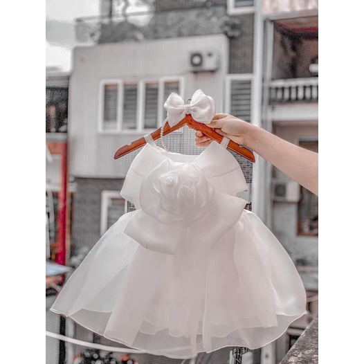 Váy Công Chúa Cho Bé Gái Thiết Kế Hoa Hồng Trước Ngực Nơ Lưng Cực Xinh, Đầm Công Chúa 2 Dây Hoa Nơ 4 Cánh Cao Cấp