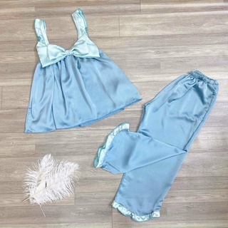 Set đồ bộ lụa satin nơ to - freesize dưới 60kg