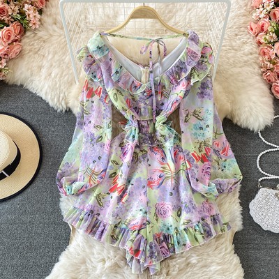 Jumpsuit Hoa Nữ Cổ V Eo Cao Phối Bèo Sexy Chanh Sả Tiểu Thư Bánh Bèo - Có sẵn