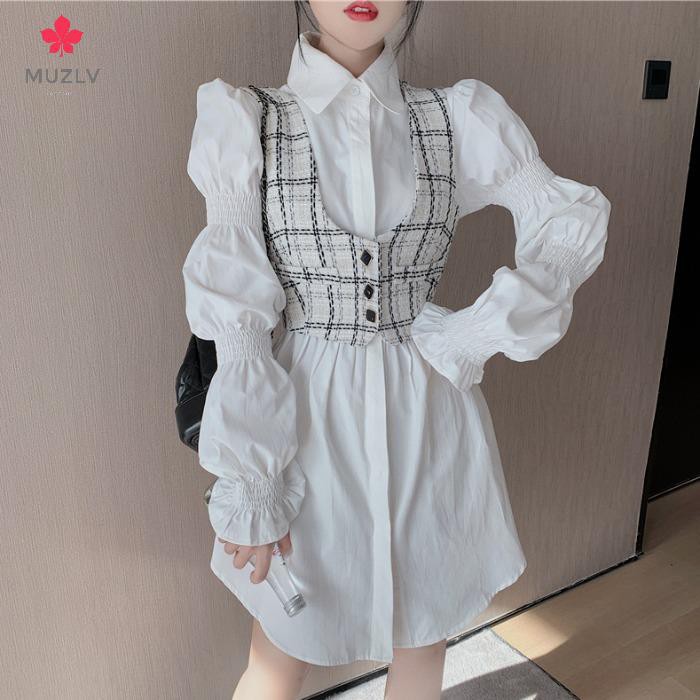 Set Áo Sơ Mi Trắng Tay Dài Và Áo Ghi Lê Họa Tiết Ca Rô Dành Cho Nữ