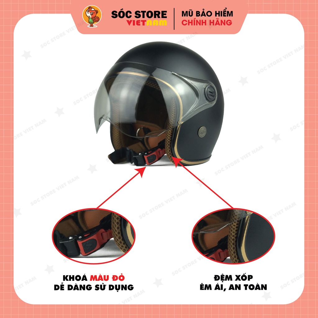 Mũ bảo hiểm 3/4 Viền Đồng Có Kính NT Max cao cấp, nón bảo hiểm 3 phần 4 có kính Sóc Store Vietnam