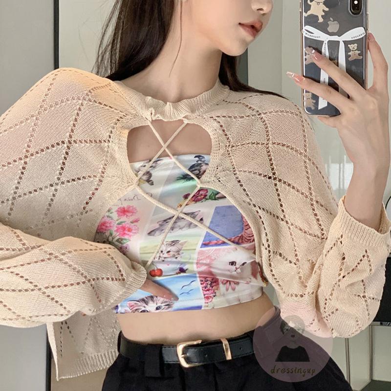 Áo Dệt Kim Tay Dài Cổ Tròn Màu Trơn Thời Trang Cho Nữ