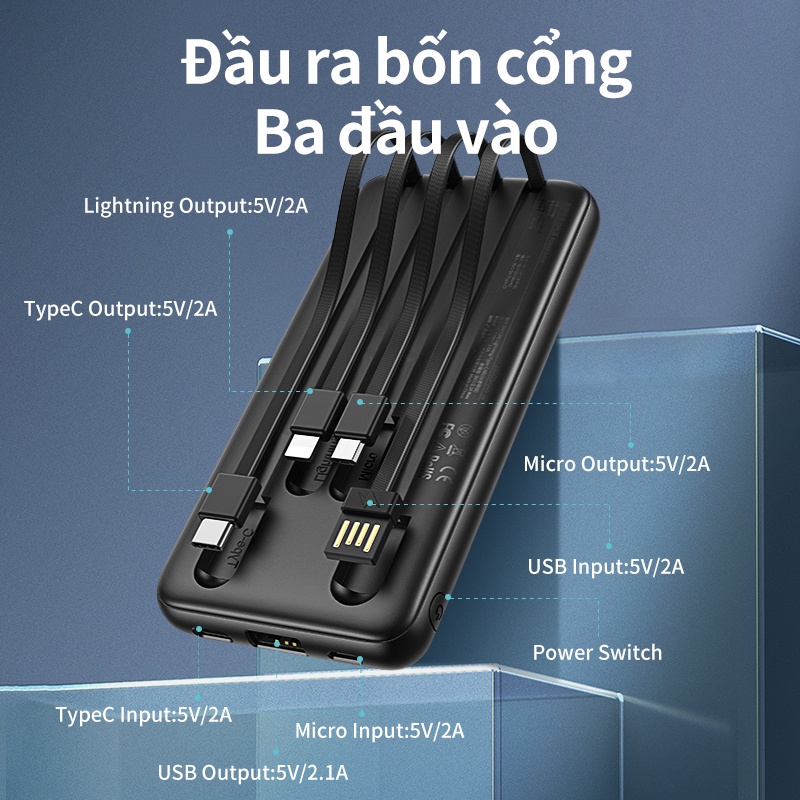 Sạc dự phòng 10000mAh 20000mAh BASIKE 2.1A Sạc Nhanh Với cáp sạc Lightning Type C